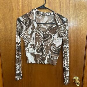 Sheer Collared Brown Marble Mesh Shirt with Lettuce Detail, Small